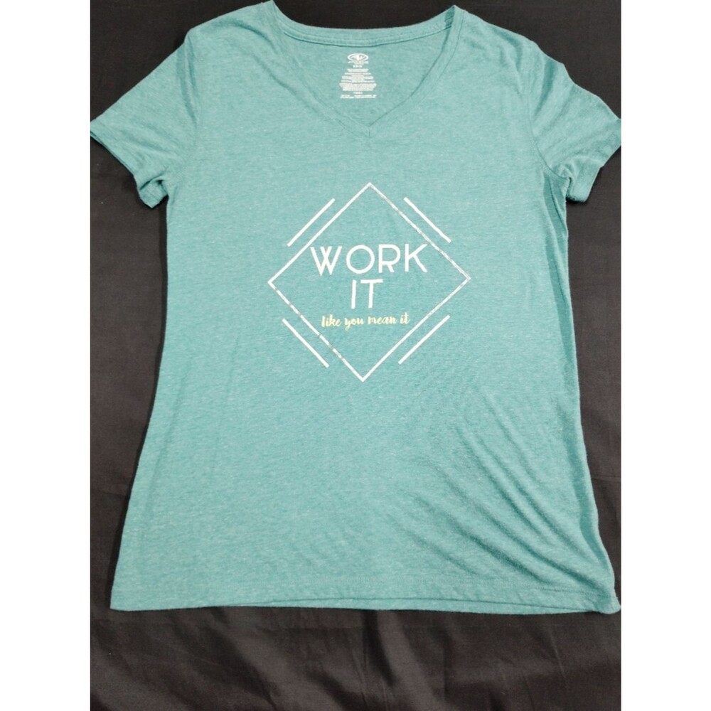 Casual Comfy "WORK IT like you mean it" Graphic V‑Neck Tee in Teal